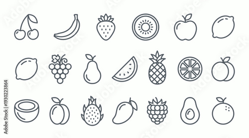 Minimalist linear fruit icon set with apple banana strawberry lemon grape watermelon and pineapple on white background, concept for organic food menu, grocery branding and app interface