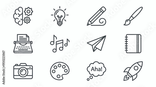 Set of minimal creativity line icons with brain gears bulb pencil brush typewriter camera and rocket symbols, concept for project branding, startup brainstorming and artistic workspace