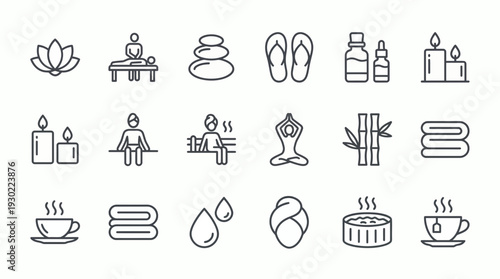 Set of spa icons featuring therapist performing massage, yoga instructor and sauna staff on white background, concept for wellness business, office branding and professional marketing