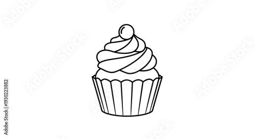 Hand-drawn outline of a delicious cupcake with frosting and a cherry on top, isolated on white background.