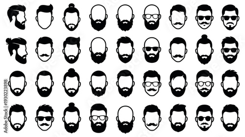 Set of professional male avatar icons with various hairstyles beards and glasses in minimalist silhouette style, concept for barbershop branding, user profile design and corporate team headshots
