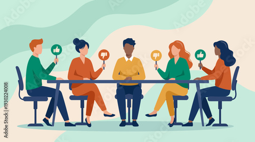 Diverse board members at a conference table holding like and dislike feedback signs, concept for performance evaluation, corporate decision making and consumer survey
