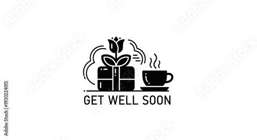 Get Well Soon Gift Box with Flower and Coffee Cup Icon