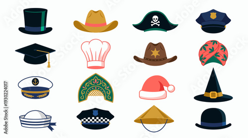 Set of professional and character hat icons like police chef sailor and graduation mortarboard on white background, concept for career education, costume party and job identity branding