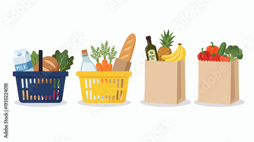 Various fresh groceries like vegetables fruits bread and milk inside shopping baskets and paper bags, concept for grocery shopping service, organic lifestyle and supermarket retail marketing