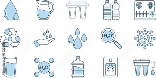 Water Purification and Filtration Icon Set, Clean Drinking Liquid Symbols, Blue Line Art for H2O Molecule, Filters, Bottles, and Dispenser,