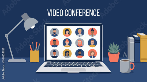 Diverse manager and employee avatars on laptop screen during virtual video conference on workspace desk, concept for remote collaboration, corporate webinar and professional online meeting