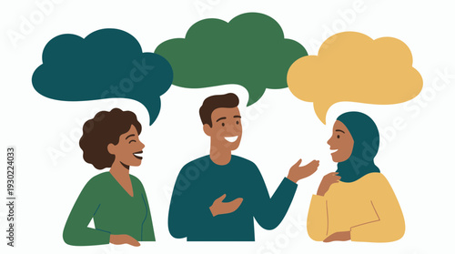 Group of diverse marketing managers and creative directors discussing ideas with colorful speech bubbles, concept for team collaboration, multicultural workplace and corporate communication