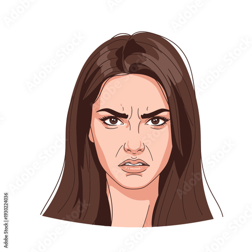 Angry woman with long brown hair.