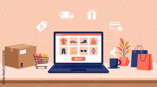 Laptop showing online store interface with product icons near delivery box, shopping bags and cart on desk, concept for digital marketplace, retail business and electronic commerce marketing