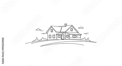 Hand-drawn sketch of a charming house on a hill, surrounded by trees and clouds