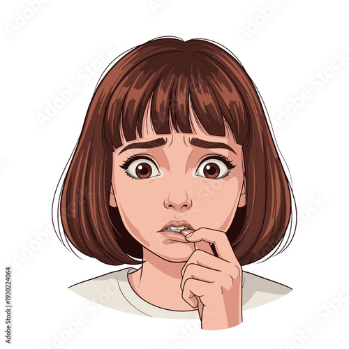 Cartoon girl with thoughtful expression face.