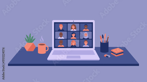 Laptop on office desk displaying diverse team of managers and executives in video conference call, concept for remote collaboration, virtual meeting and professional digital workplace