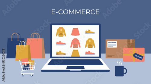 Laptop showing apparel catalog with shopping bags and delivery boxes on blue background, concept for online marketplace business, digital retail strategy and internet shopping promotion
