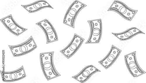Wavy Falling Dollar Banknotes Line Art Illustration, Flying Money Cash Bills Pattern, Financial Success Wealth Growth Vector Background Isolated White