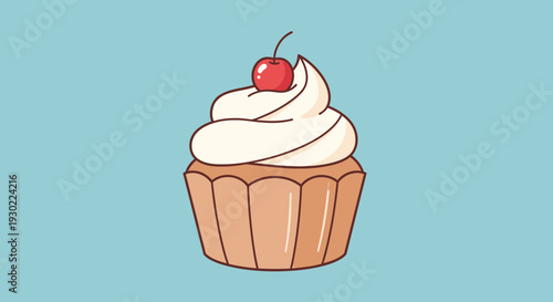 Delicious Cupcake with Swirl Frosting and Cherry on Top, Isolated on Blue Background