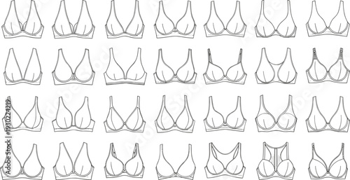 Women's Lingerie Bra Fashion Flat Sketch Collection, Underwear Technical Drawing Set, Variety of Brassiere Styles and Cups Vector Design Template,