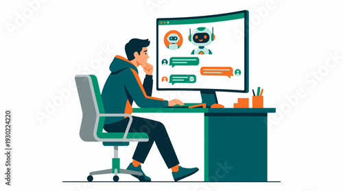 IT support specialist sitting at office desk looking at computer screen showing AI chatbot interface with robot icons, concept for customer service, virtual assistant and tech innovation