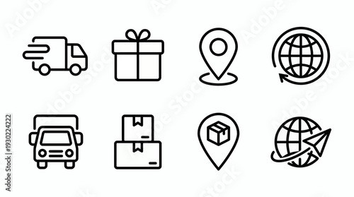 Set of outline logistics icons including delivery truck, cardboard boxes, gift and global tracking symbols on white, concept for ecommerce website, supply chain and international shipping