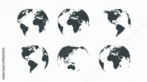 Six minimalist globe icons showing various continents and earth views isolated on white background, concept for global business, international logistics and environmental awareness