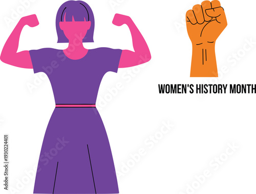 Women’s History Month illustration with strong woman flexing arms and raised fist symbol in flat vector empowerment concept design