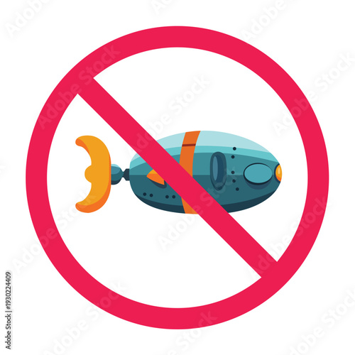No submarine sign, prohibited underwater vehicle symbol, restricted underwater craft, vector illustration