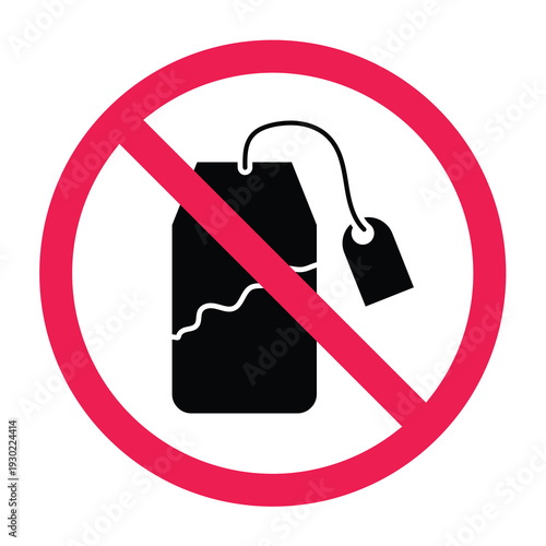 No tea sign, do not use tea bag sign, tea brewing bag ban icon, prohibited drink sachet illustration, no dipping tea bag allowed icon, vector illustration