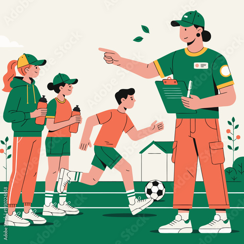 Youth Soccer Coach Training Kids on Football Field Flat Vector Illustration