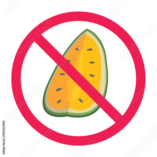 No watermelon sign, watermelon prohibited symbol, do not eat watermelon sign, fruit restriction sign, vector illustration