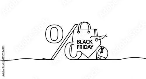 Black Friday Sale Discount Percentage Off Shopping Bag and Dollar Coin, Minimalist Line Art