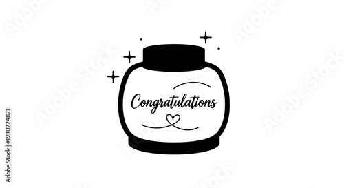 Congratulations ink bottle with sparkles and heart, black and white vector illustration