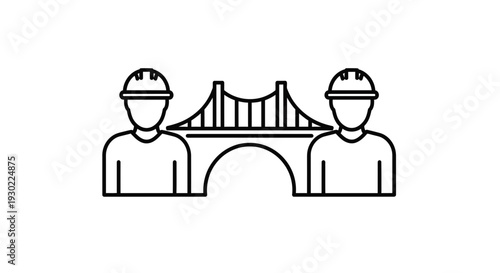 Construction workers and bridge icon, teamwork and engineering concept