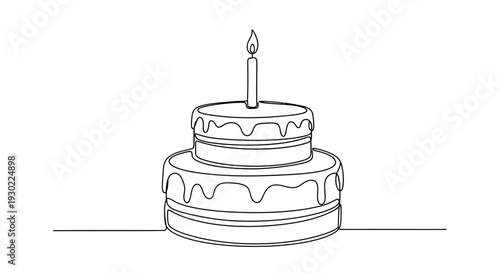 Continuous line drawing of a two-tier birthday cake with a single lit candle, isolated on white background.