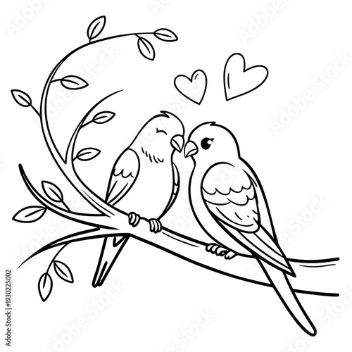 Simple cute doodle line art vector, two lovebirds sitting on a heart-shaped branch, minimal black line drawing, white background, romantic theme, clean strokes, hand-drawn style, 1:1 aspect ratio