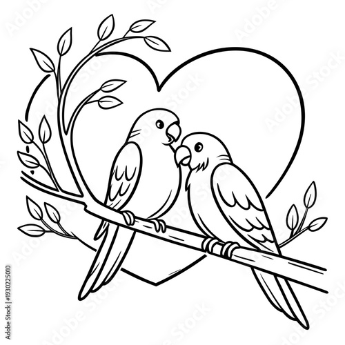 Simple cute doodle line art vector, two lovebirds sitting on a heart-shaped branch, minimal black line drawing, white background, romantic theme, clean strokes, hand-drawn style, 1:1 aspect ratio