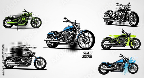 Collection of Stylized Motorcycles in Various Poses and Colors.