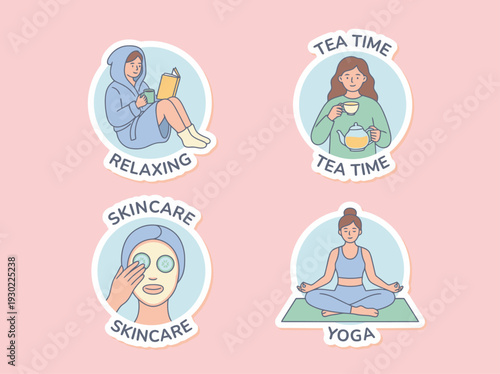 Set of wellness and self care stickers featuring yoga and skincare routines.