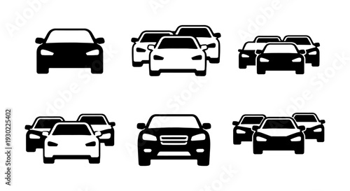 Set of front view car icons illustrating automotive transport and movement concepts