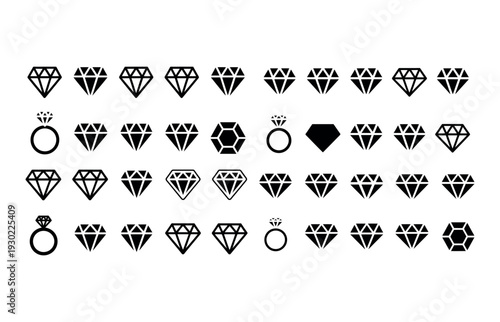 Assortment of diamond and ring icons in black and white jewel engagement