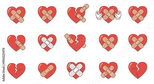 Collection of Red Hearts with Band-Aids and Cracks Symbolizing Healing.