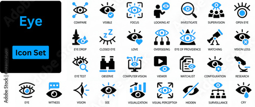 Eye solid icon set contains Open, closed eyes, visible invisible concept, hidden password, view and more. 