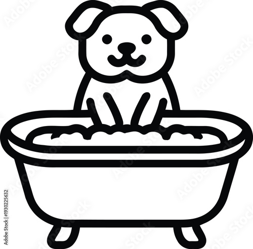 Dog taking a bath in bathtub with bubbles for pet care grooming icon