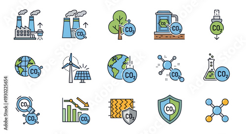 Colorful Icons Depicting Carbon Dioxide and Environmental Concerns.