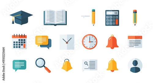 Flat design education office and utility icons set including graduation cap book calculator calendar clock and bells.
