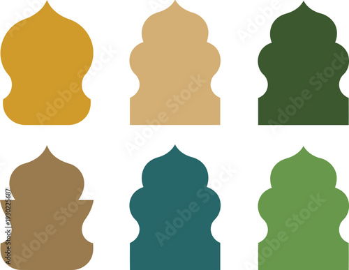 Set of six colorful mosque dome shapes on transparent background