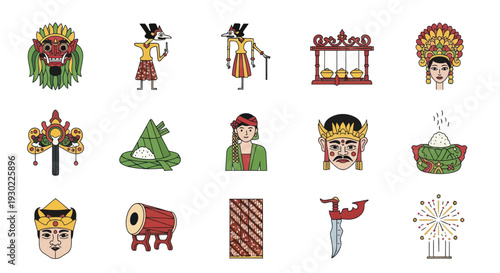 A diverse set of colorful icons representing traditional Indonesian art culture and heritage.