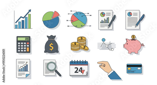 Collection of Colorful Financial and Business Icons on White Background.