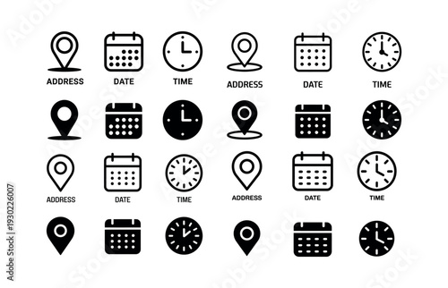 Collection of calendar date time and address location icons clock
