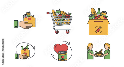 Food Donation Icons: Hand Holding Box Shopping Cart and Giving Food.