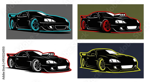 Four stylized illustrations of a black sports car.